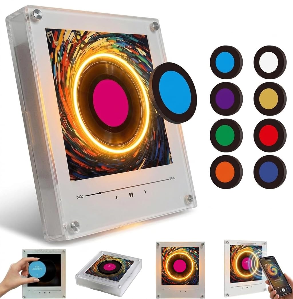 Retro Music Refrigerator Magnets with NFC Programmable Player Set, 9 Pcs Vintage Vinyl Record Refrigerator Magnets, 128MB Mini Jukebox with LED Light, Singing Fridge Magnet Audio Gifts (Rotation)