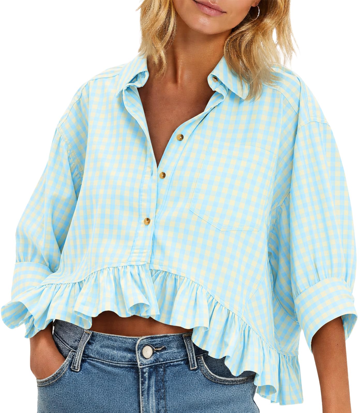 Cicy Bell Womens Cropped Striped Button Down Shirts Ruffle 3/4 Length Sleeve Summer Tops Dressy Casual Blouses