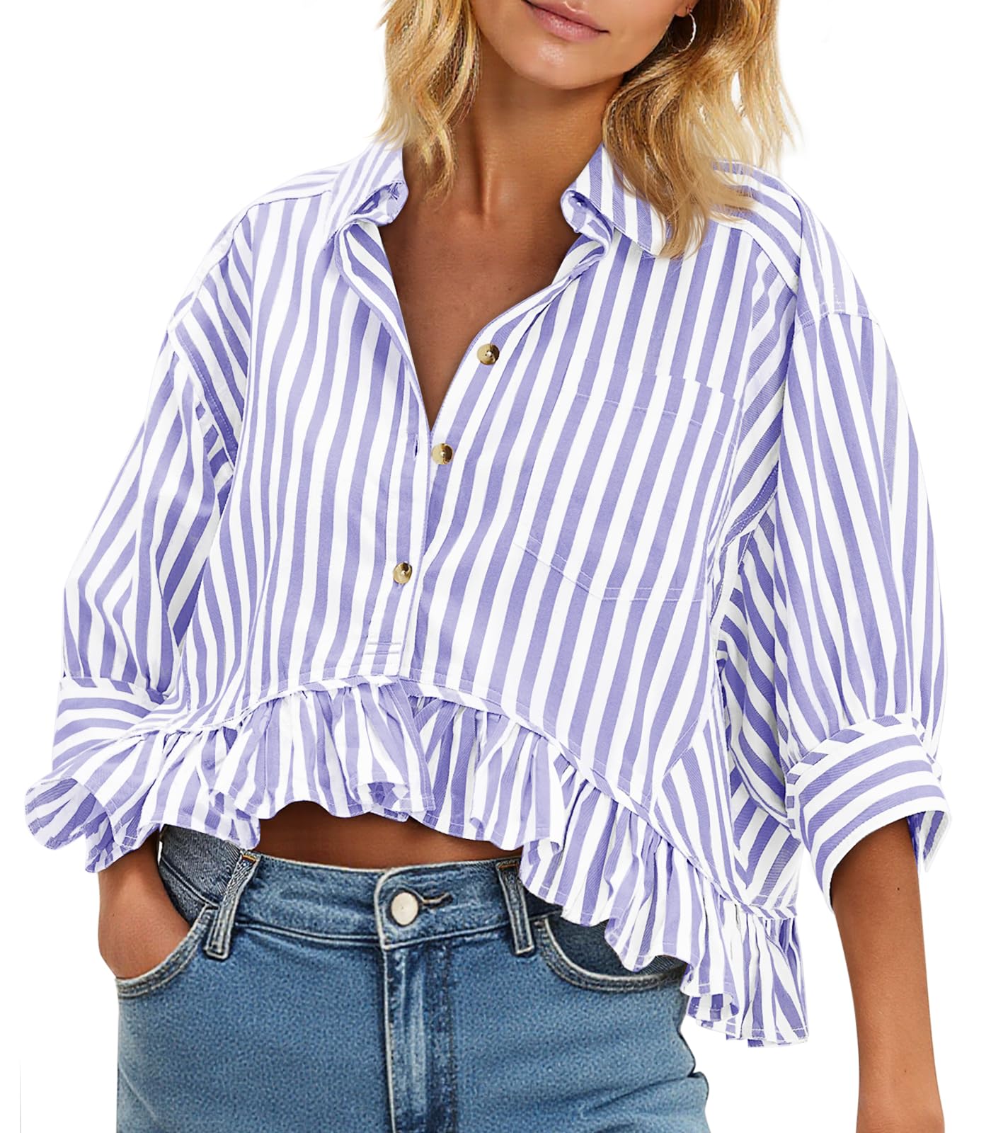 Cicy Bell Womens Cropped Striped Button Down Shirts Ruffle 3/4 Length Sleeve Summer Tops Dressy Casual Blouses