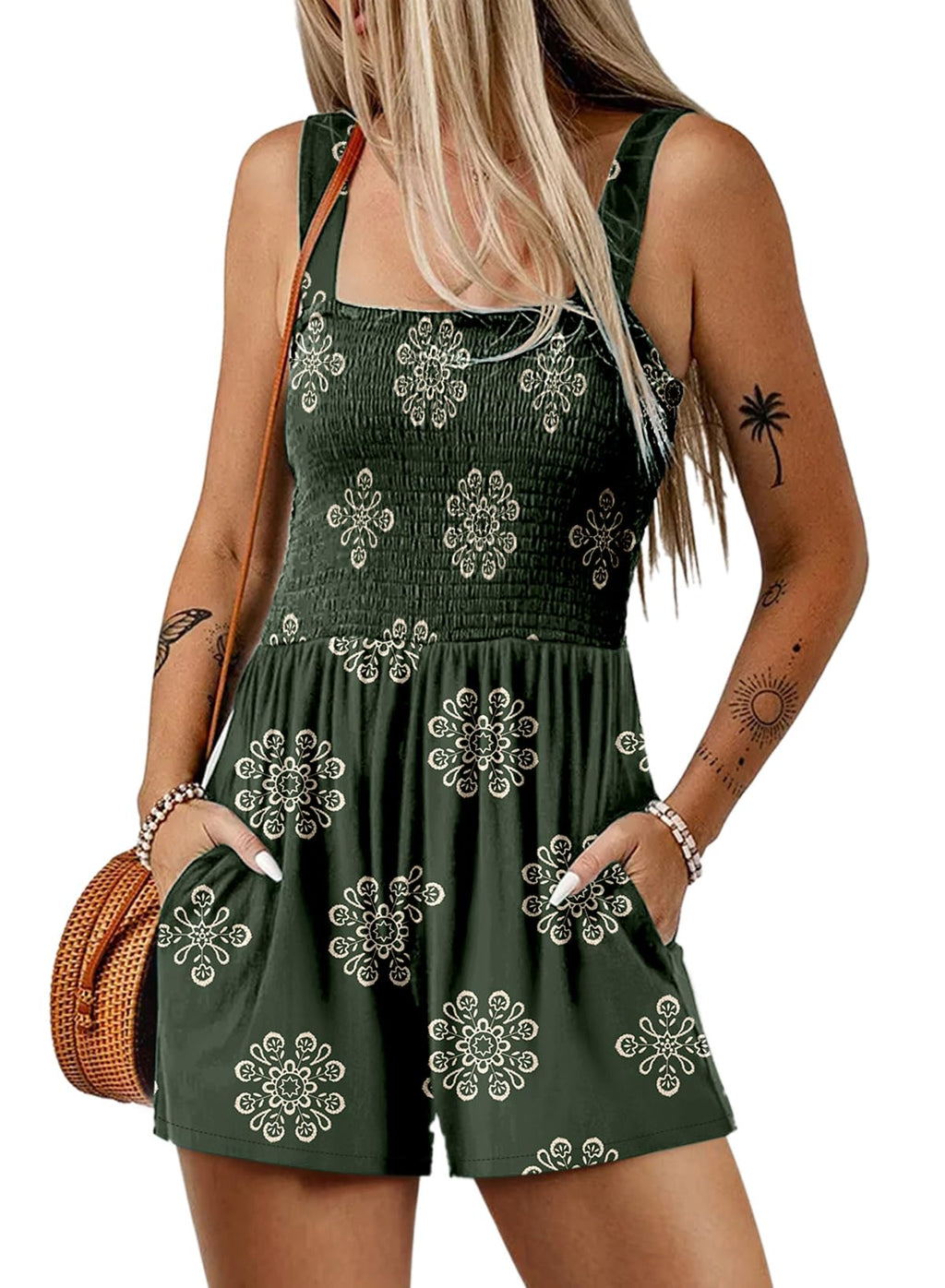 Dokotoo Women's Summer Casual Smocked Rompers Square Neck Sleeveless Loose Shorts Jumpsuits 2026 Beach Vacation Outfits