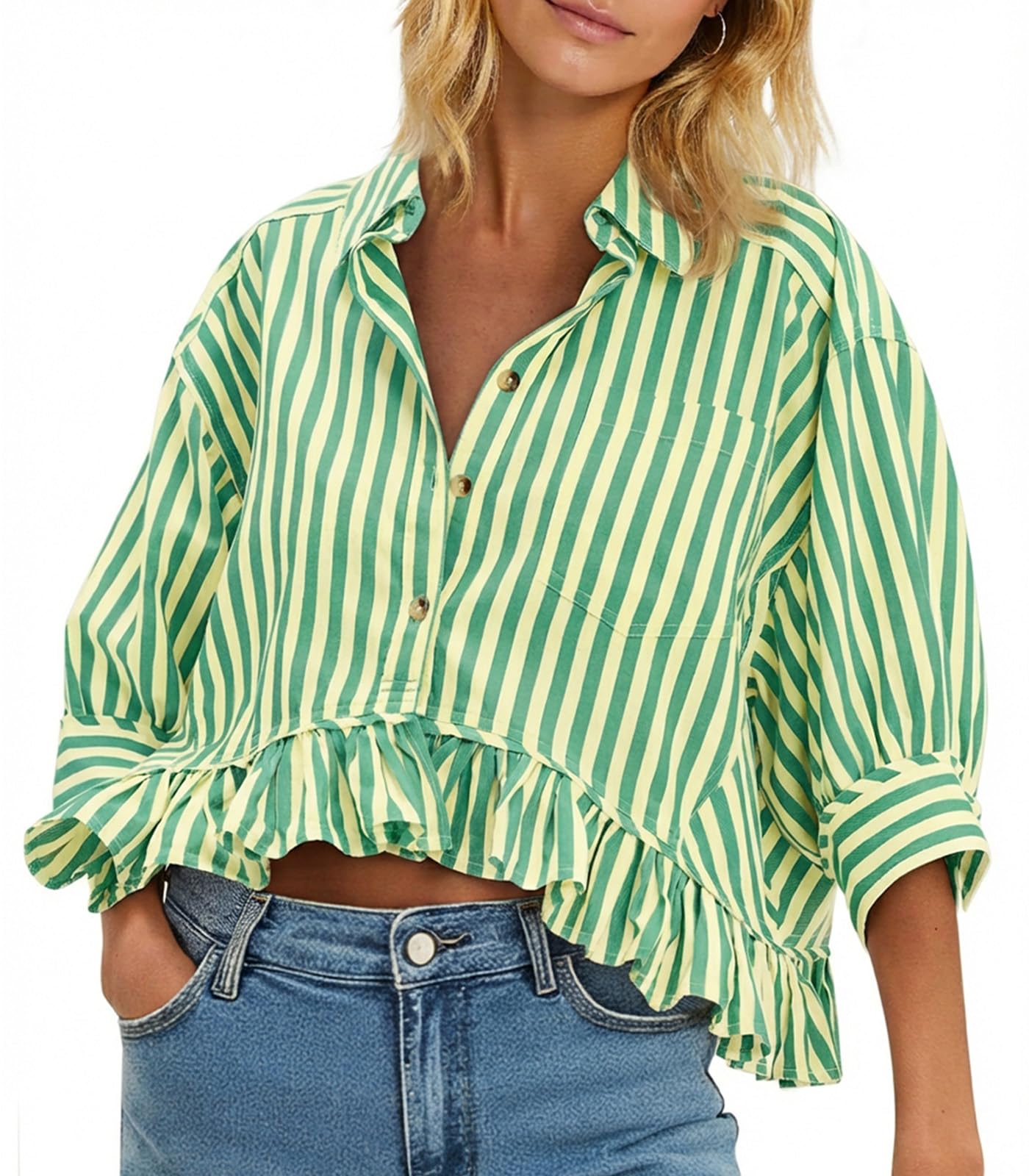 Cicy Bell Womens Cropped Striped Button Down Shirts Ruffle 3/4 Length Sleeve Summer Tops Dressy Casual Blouses