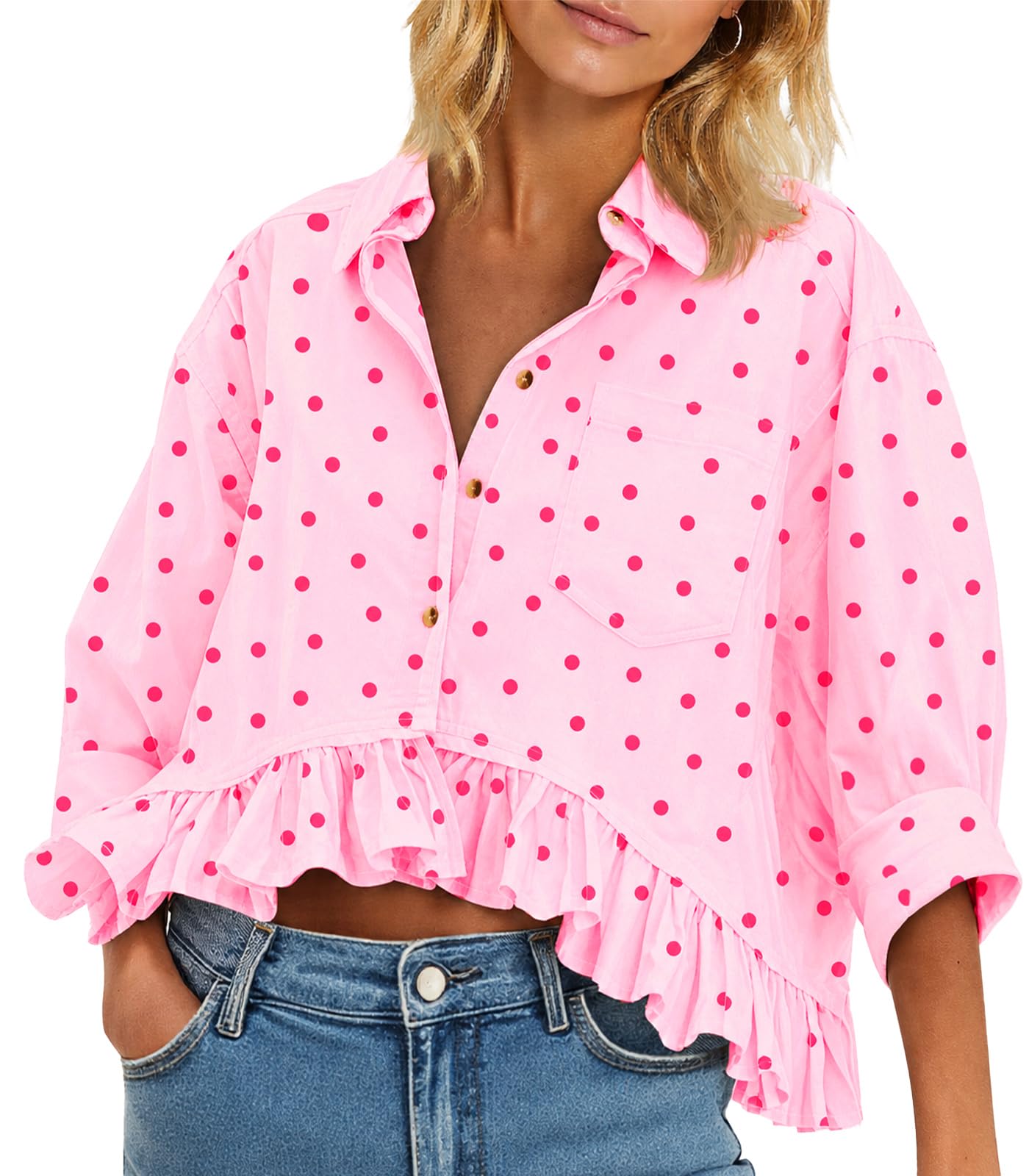 Cicy Bell Womens Cropped Striped Button Down Shirts Ruffle 3/4 Length Sleeve Summer Tops Dressy Casual Blouses