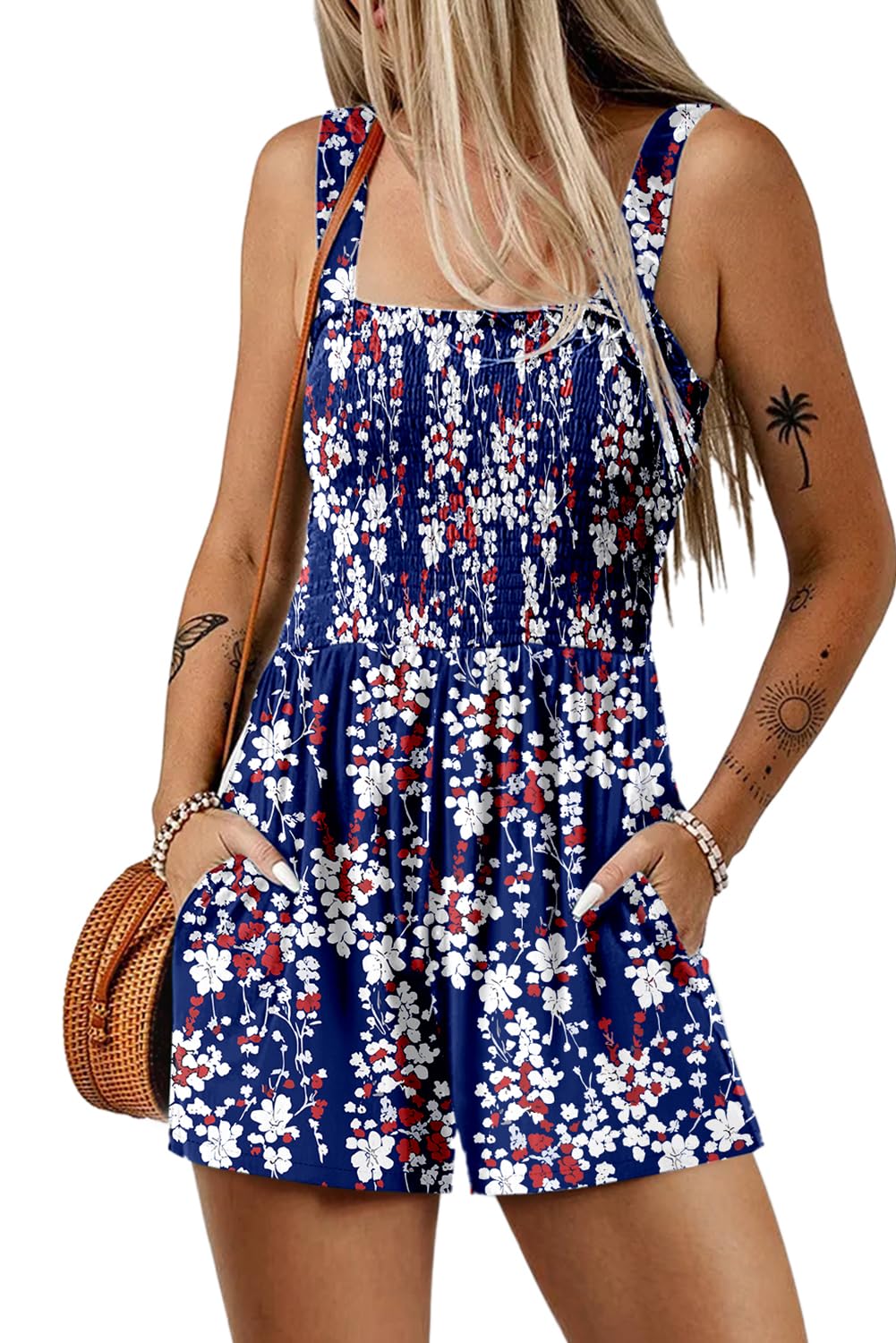 Dokotoo Women's Summer Casual Smocked Rompers Square Neck Sleeveless Loose Shorts Jumpsuits 2026 Beach Vacation Outfits