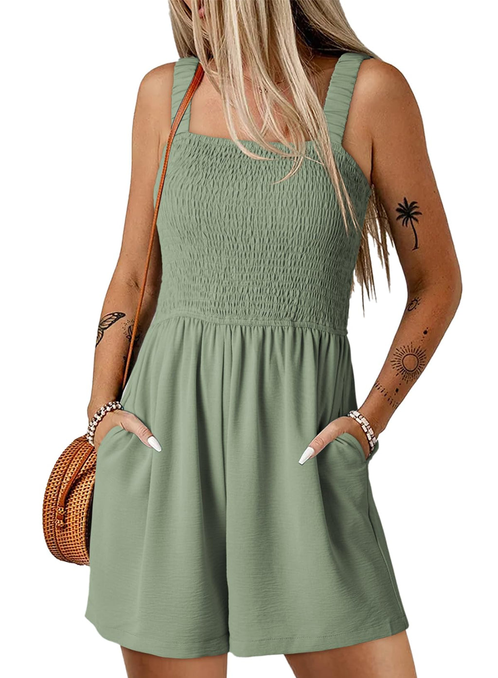 Dokotoo Women's Summer Casual Smocked Rompers Square Neck Sleeveless Loose Shorts Jumpsuits 2026 Beach Vacation Outfits