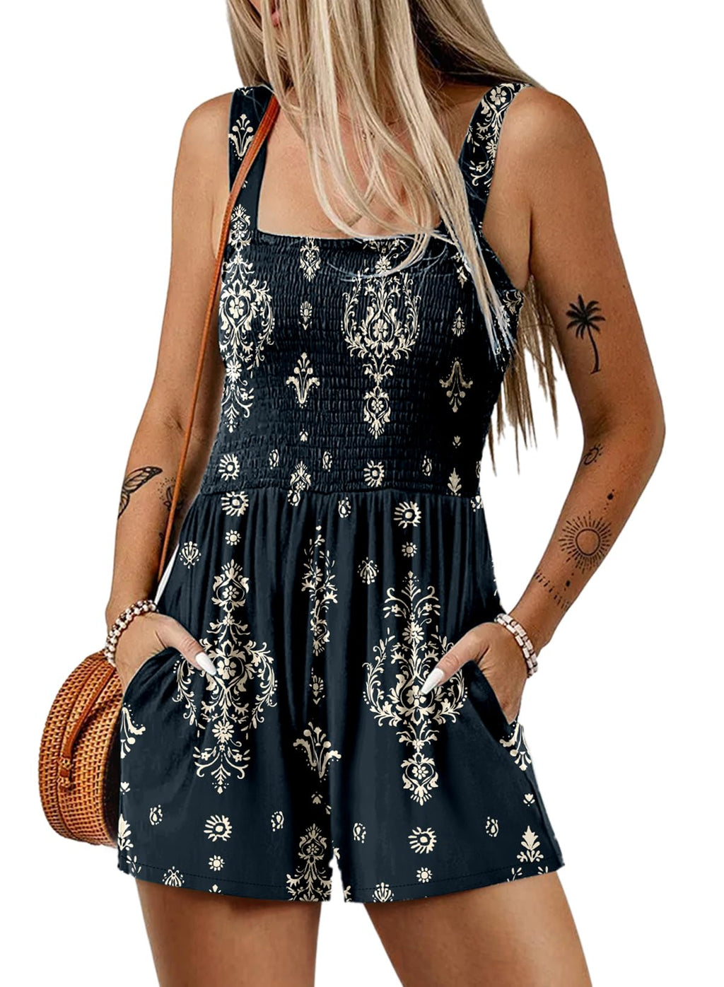 Dokotoo Women's Summer Casual Smocked Rompers Square Neck Sleeveless Loose Shorts Jumpsuits 2026 Beach Vacation Outfits