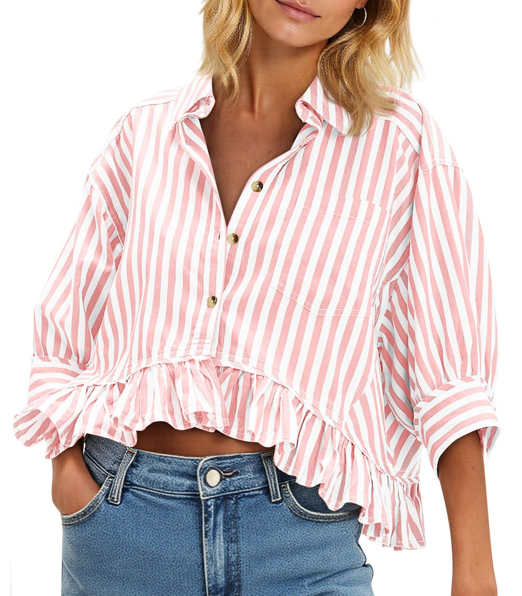Cicy Bell Womens Cropped Striped Button Down Shirts Ruffle 3/4 Length Sleeve Summer Tops Dressy Casual Blouses