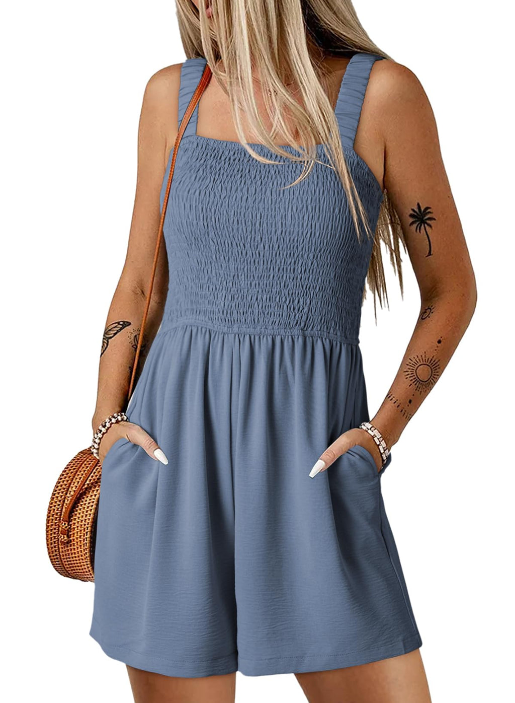 Dokotoo Women's Summer Casual Smocked Rompers Square Neck Sleeveless Loose Shorts Jumpsuits 2026 Beach Vacation Outfits