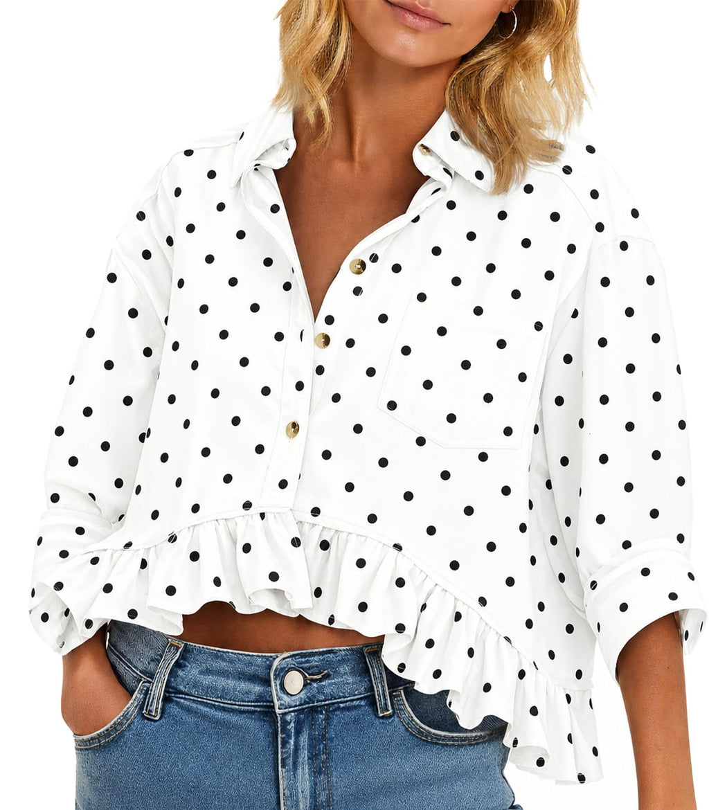 Cicy Bell Womens Cropped Striped Button Down Shirts Ruffle 3/4 Length Sleeve Summer Tops Dressy Casual Blouses