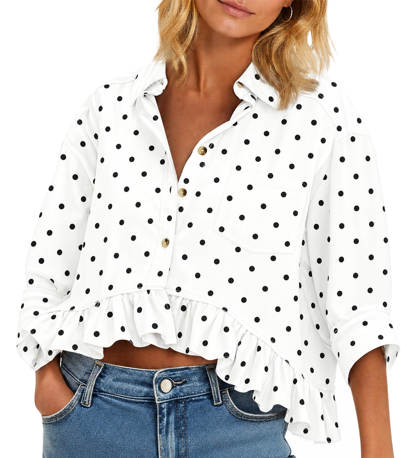Cicy Bell Womens Cropped Striped Button Down Shirts Ruffle 3/4 Length Sleeve Summer Tops Dressy Casual Blouses