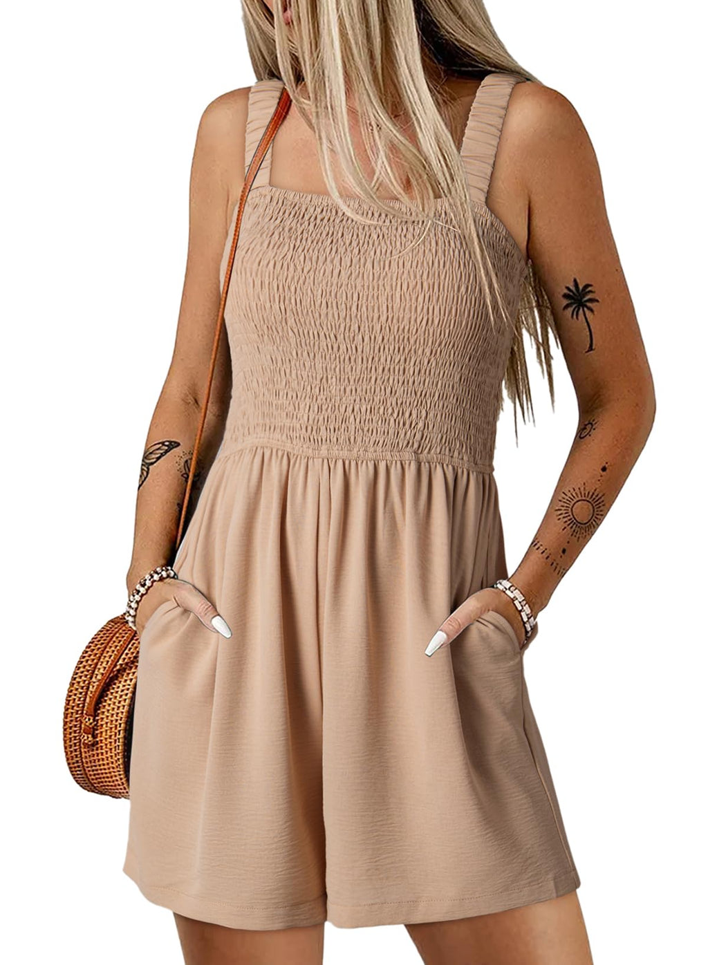 Dokotoo Women's Summer Casual Smocked Rompers Square Neck Sleeveless Loose Shorts Jumpsuits 2026 Beach Vacation Outfits