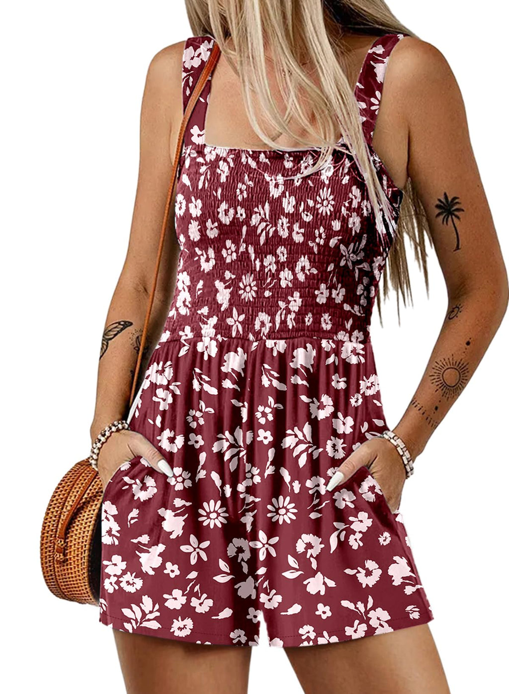 Dokotoo Women's Summer Casual Smocked Rompers Square Neck Sleeveless Loose Shorts Jumpsuits 2026 Beach Vacation Outfits