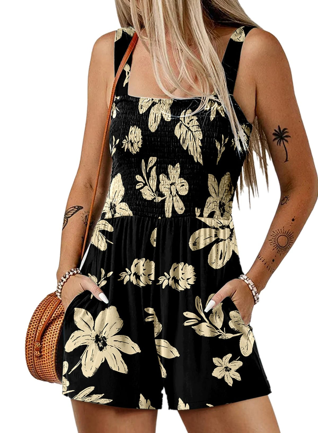Dokotoo Women's Summer Casual Smocked Rompers Square Neck Sleeveless Loose Shorts Jumpsuits 2026 Beach Vacation Outfits