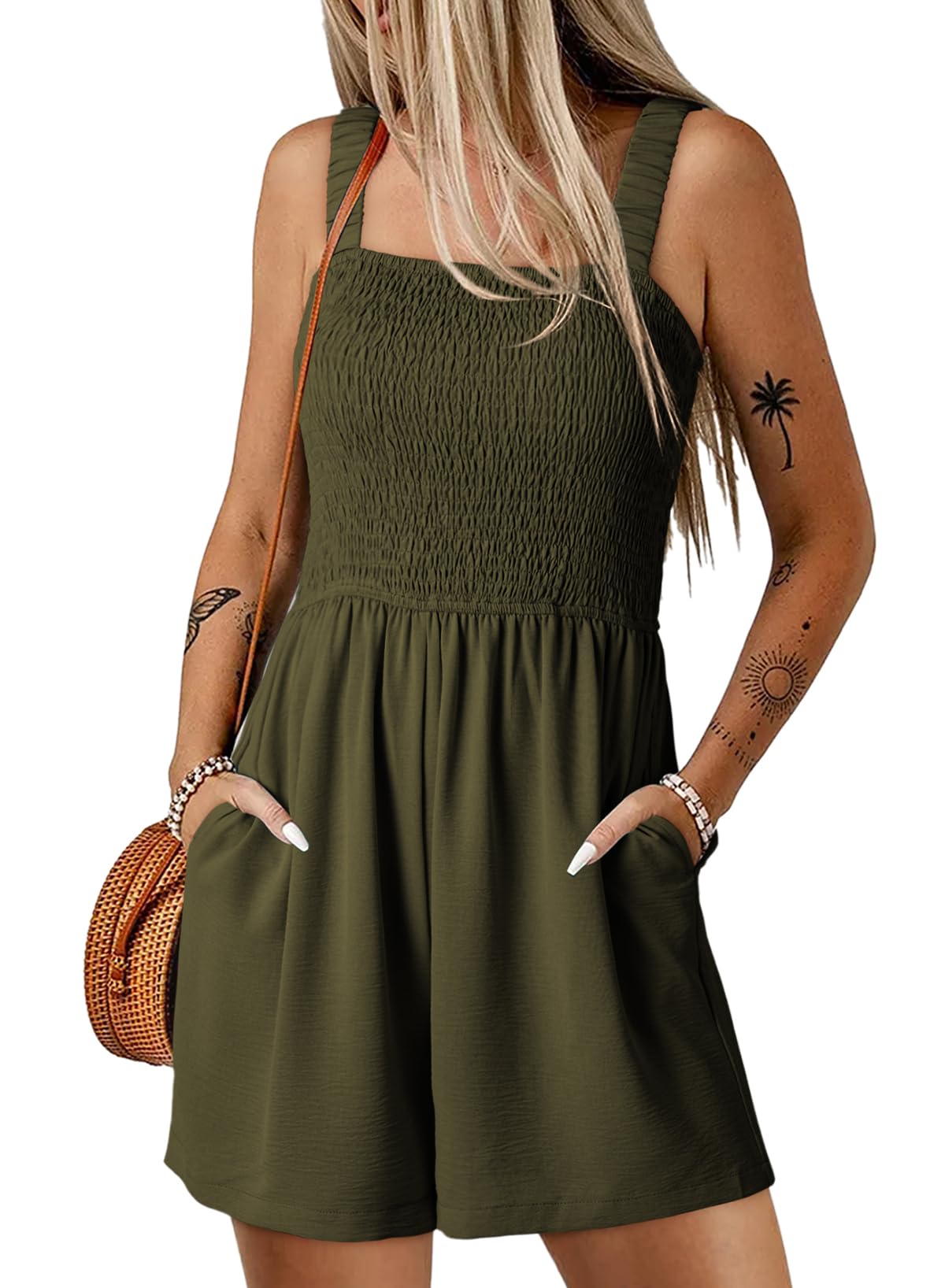 Dokotoo Women's Summer Casual Smocked Rompers Square Neck Sleeveless Loose Shorts Jumpsuits 2026 Beach Vacation Outfits