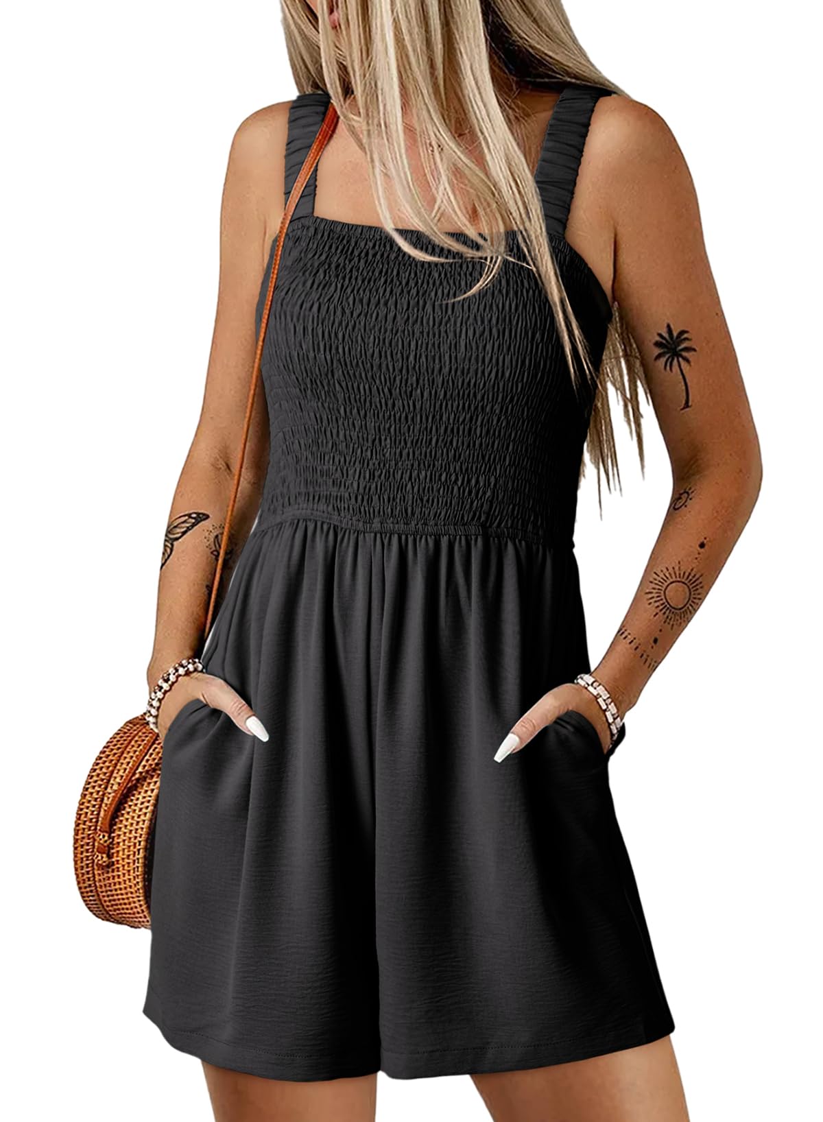 Dokotoo Women's Summer Casual Smocked Rompers Square Neck Sleeveless Loose Shorts Jumpsuits 2026 Beach Vacation Outfits