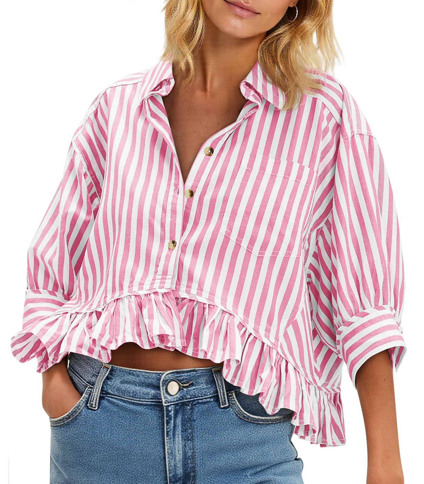 Cicy Bell Womens Cropped Striped Button Down Shirts Ruffle 3/4 Length Sleeve Summer Tops Dressy Casual Blouses