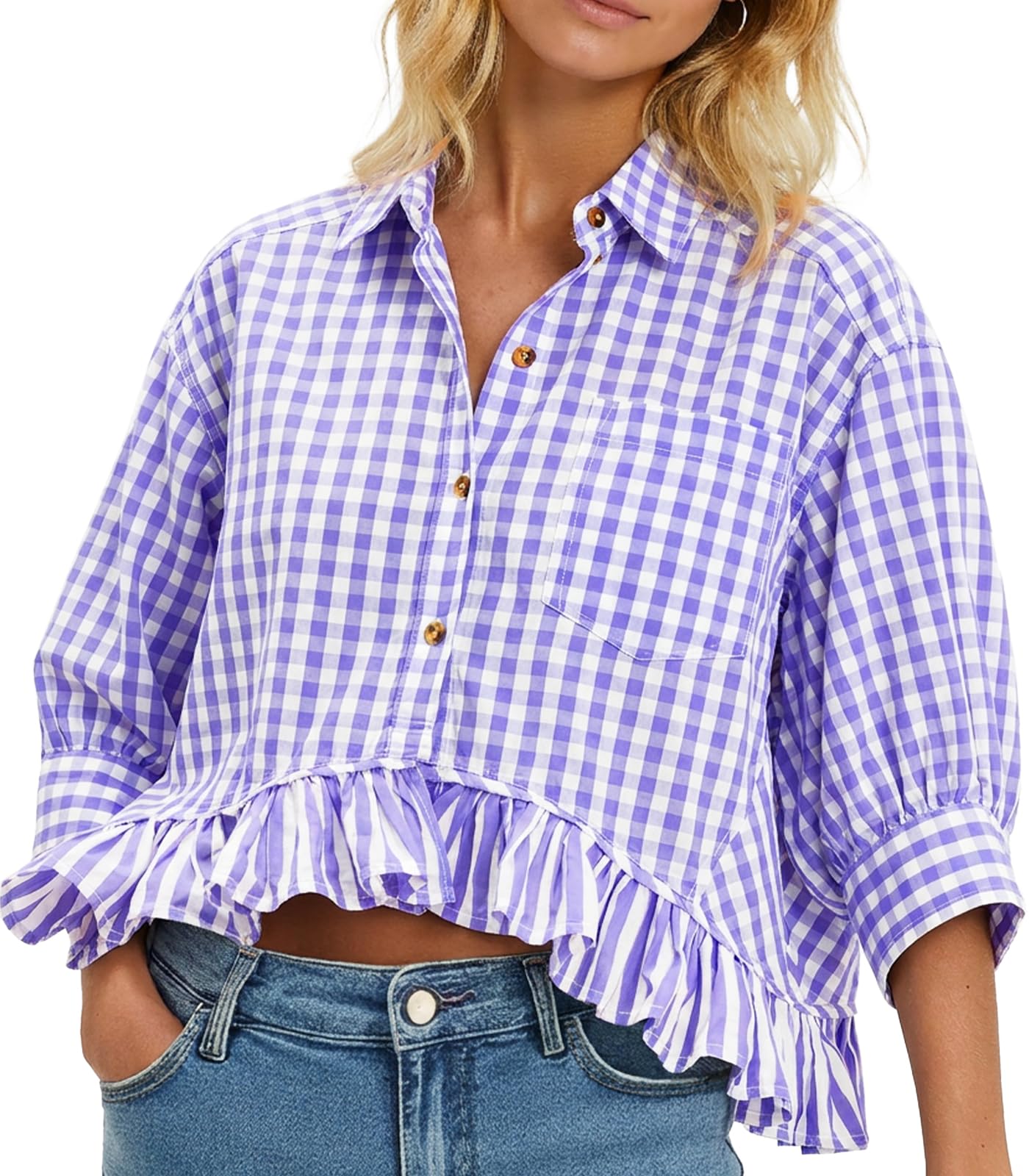 Cicy Bell Womens Cropped Striped Button Down Shirts Ruffle 3/4 Length Sleeve Summer Tops Dressy Casual Blouses