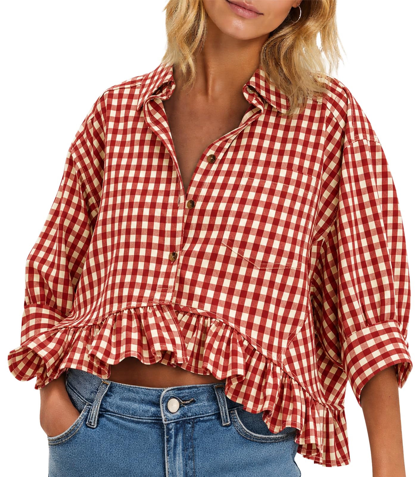 Cicy Bell Womens Cropped Striped Button Down Shirts Ruffle 3/4 Length Sleeve Summer Tops Dressy Casual Blouses