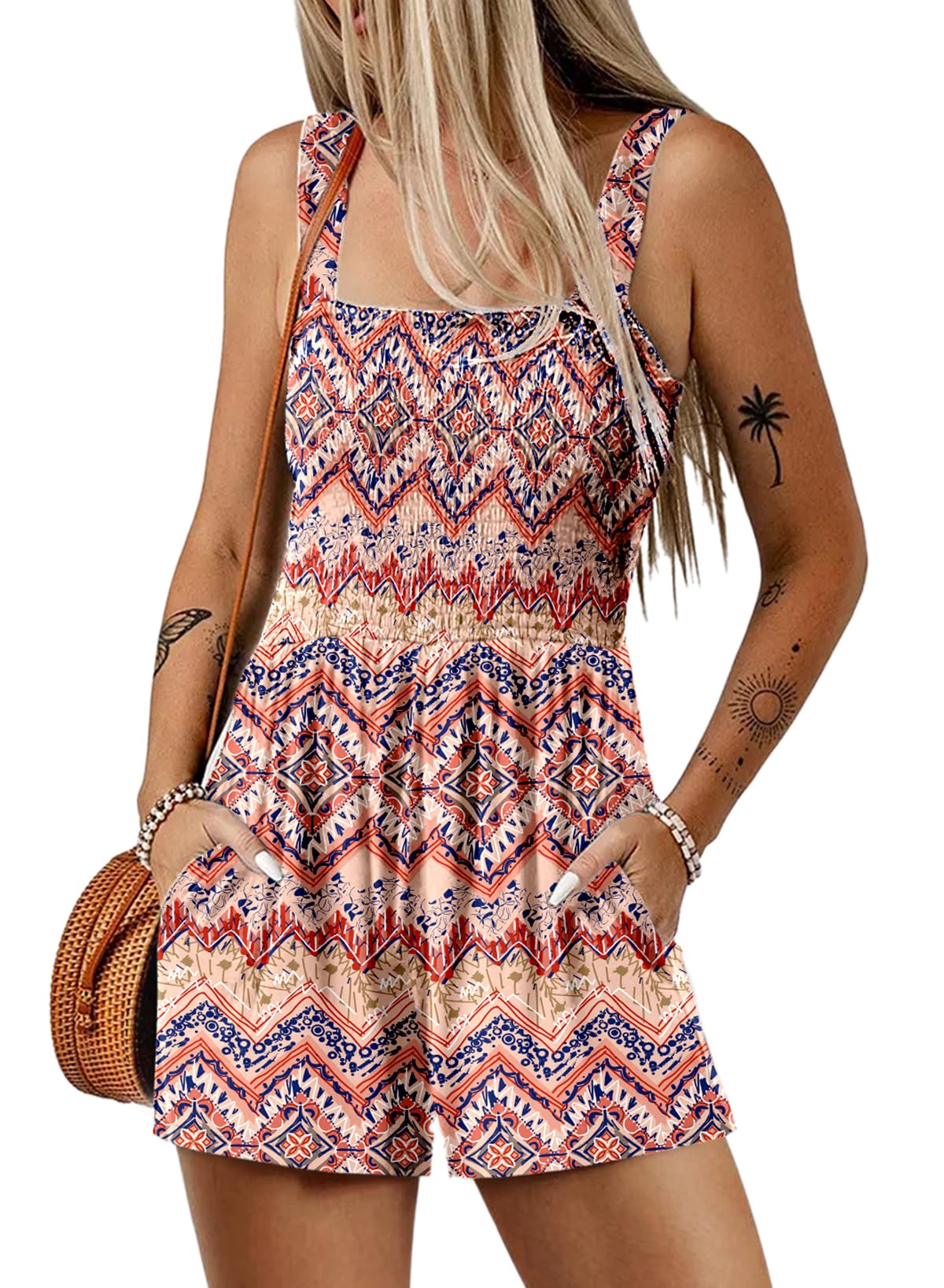 Dokotoo Women's Summer Casual Smocked Rompers Square Neck Sleeveless Loose Shorts Jumpsuits 2026 Beach Vacation Outfits