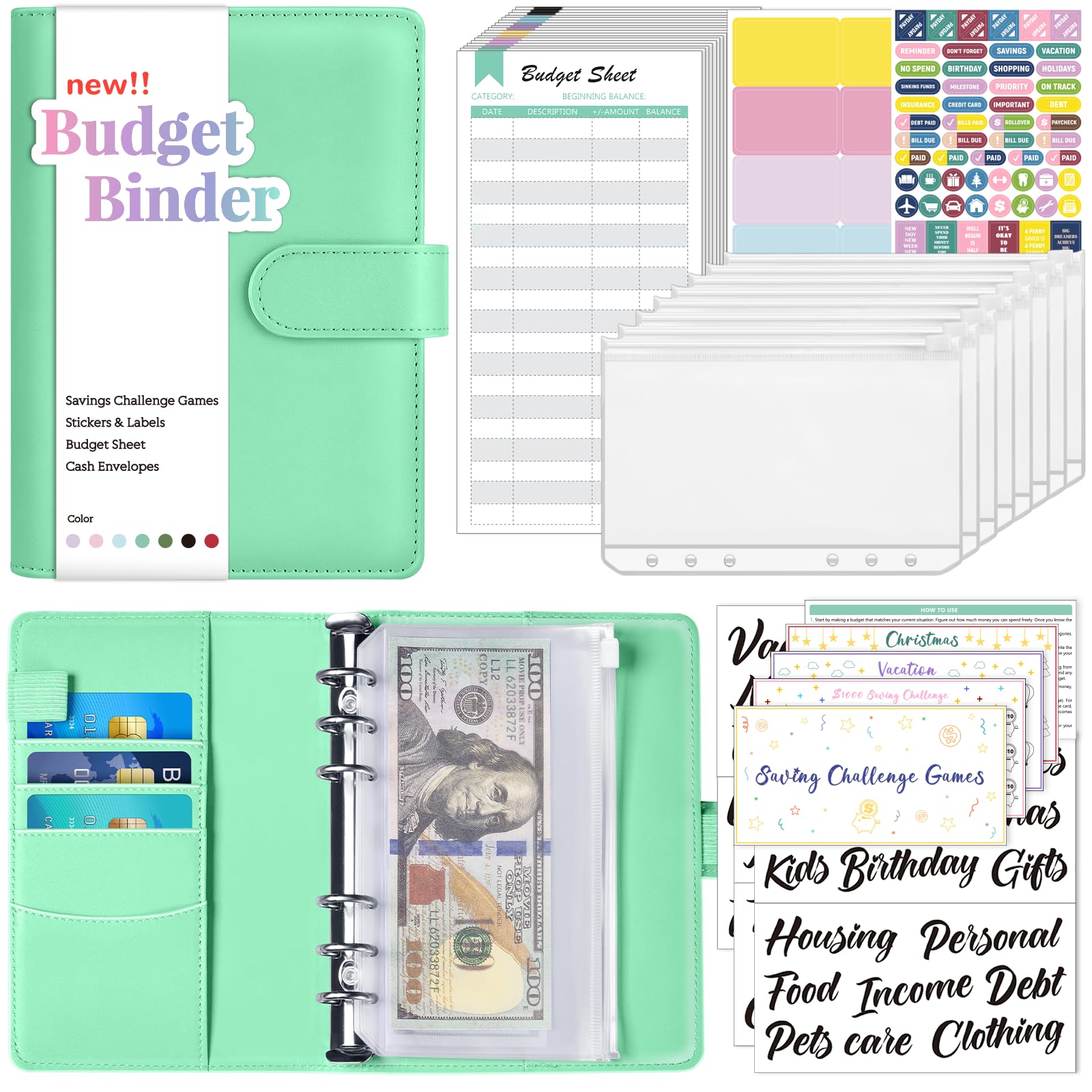 Sooez Budget Binder with Money Saving Challenge, Money Saving Binder with Cash Envelopes, Expense Sheets, Challenge Tracker & Category Labels, Envelope Savings Challenges Book for Home Office School