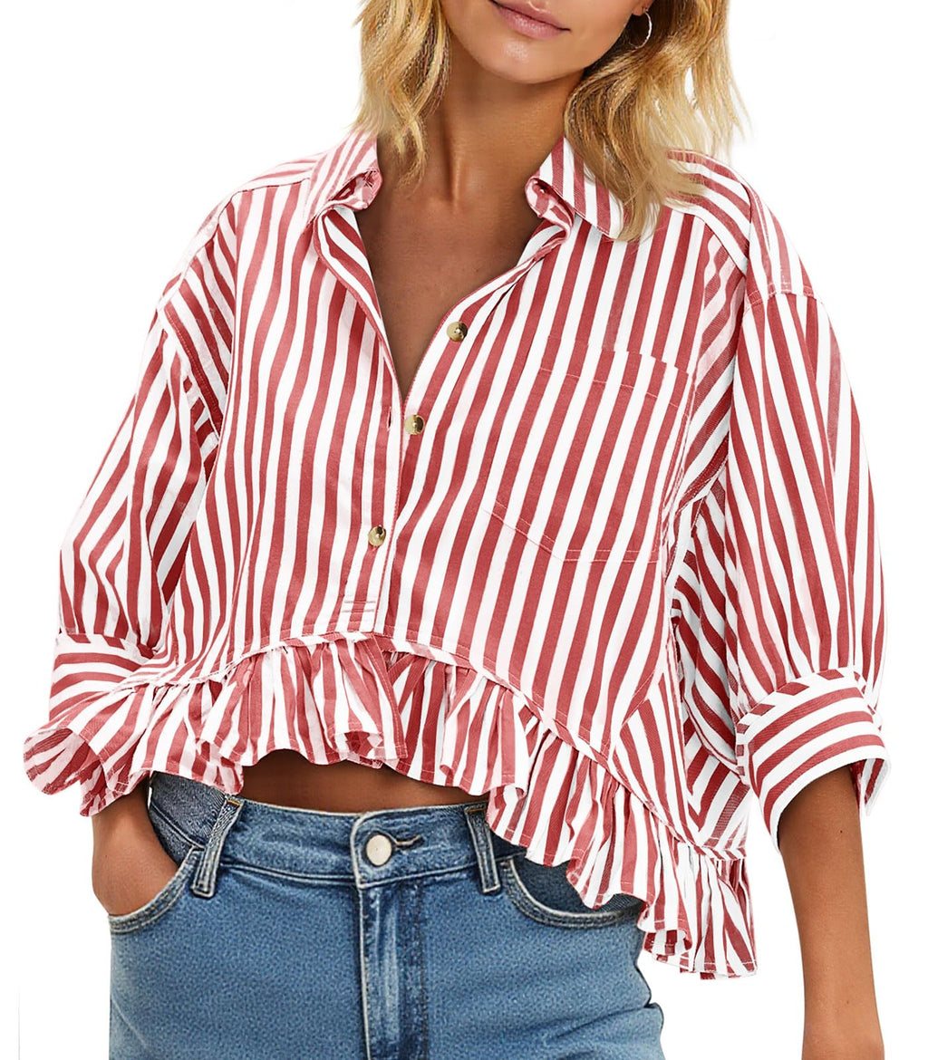 Cicy Bell Womens Cropped Striped Button Down Shirts Ruffle 3/4 Length Sleeve Summer Tops Dressy Casual Blouses