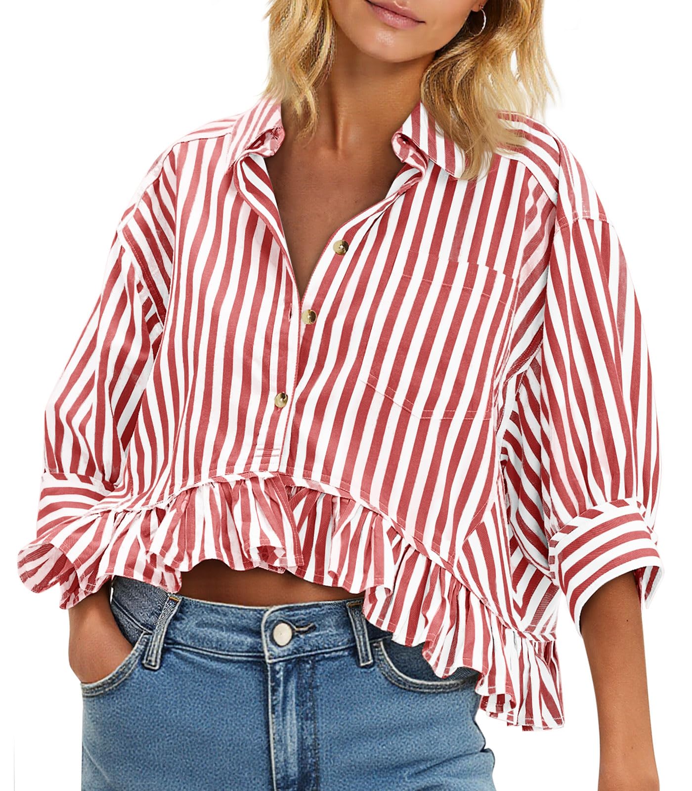 Cicy Bell Womens Cropped Striped Button Down Shirts Ruffle 3/4 Length Sleeve Summer Tops Dressy Casual Blouses