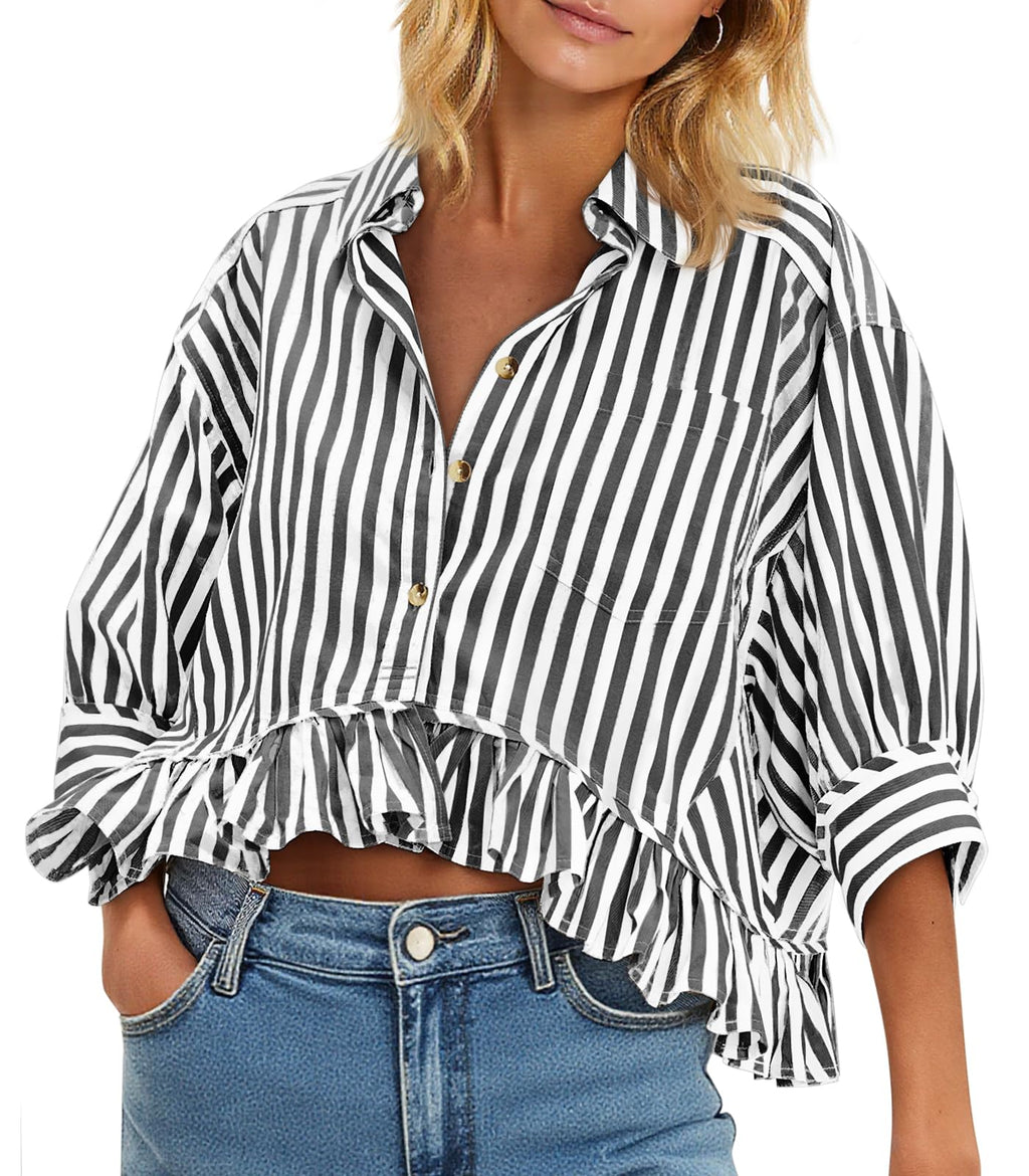 Cicy Bell Womens Cropped Striped Button Down Shirts Ruffle 3/4 Length Sleeve Summer Tops Dressy Casual Blouses