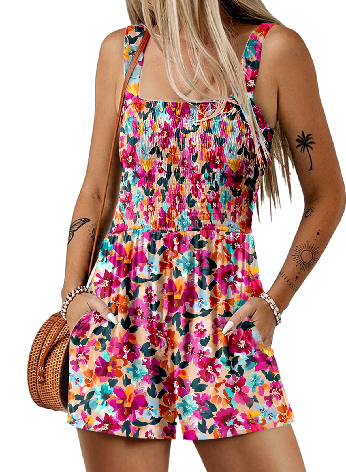 Dokotoo Women's Summer Casual Smocked Rompers Square Neck Sleeveless Loose Shorts Jumpsuits 2026 Beach Vacation Outfits