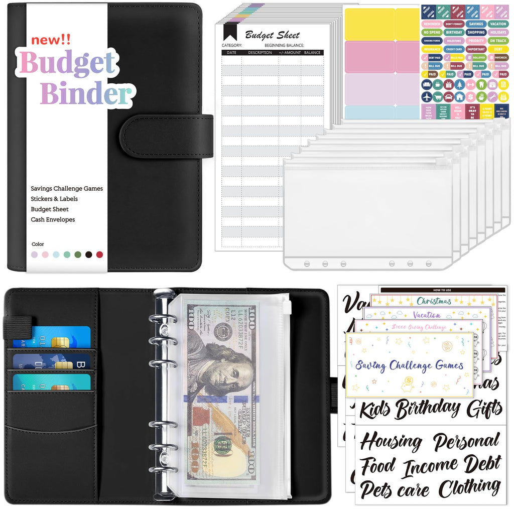 Sooez Budget Binder with Money Saving Challenge, Money Saving Binder with Cash Envelopes, Expense Sheets, Challenge Tracker & Category Labels, Envelope Savings Challenges Book for Home Office School