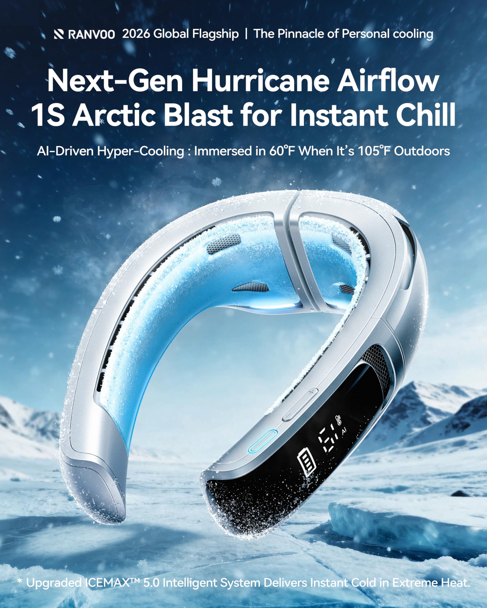 RANVOO AICE LITE MAX 2026 Real AC Cold Blast [No.1 Coolest & Most Durable] AI Neck Air Conditioner, Best Immersive Neck Cooler, 6000 mAh Rechargeable Neck Fan Blow Cold Air, Summer Gifts for Mom White