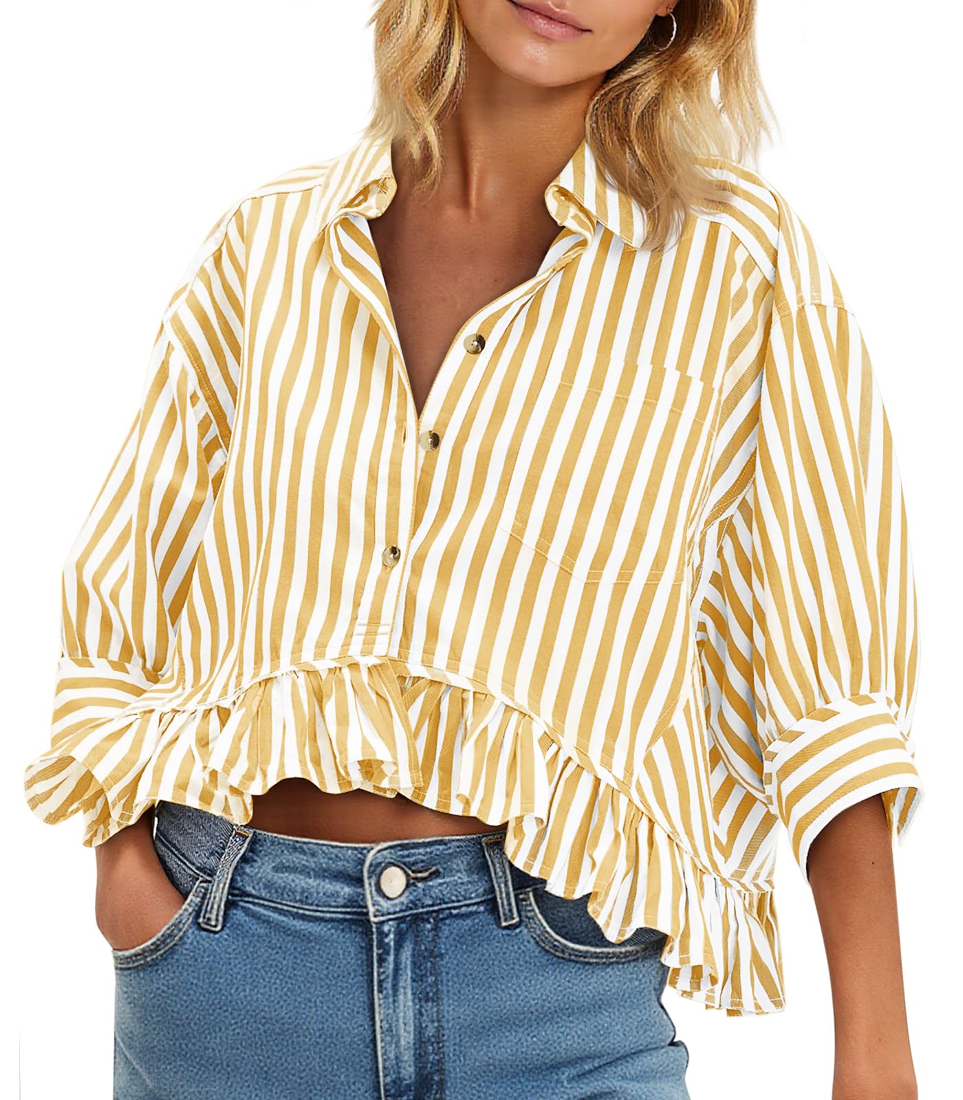 Cicy Bell Womens Cropped Striped Button Down Shirts Ruffle 3/4 Length Sleeve Summer Tops Dressy Casual Blouses