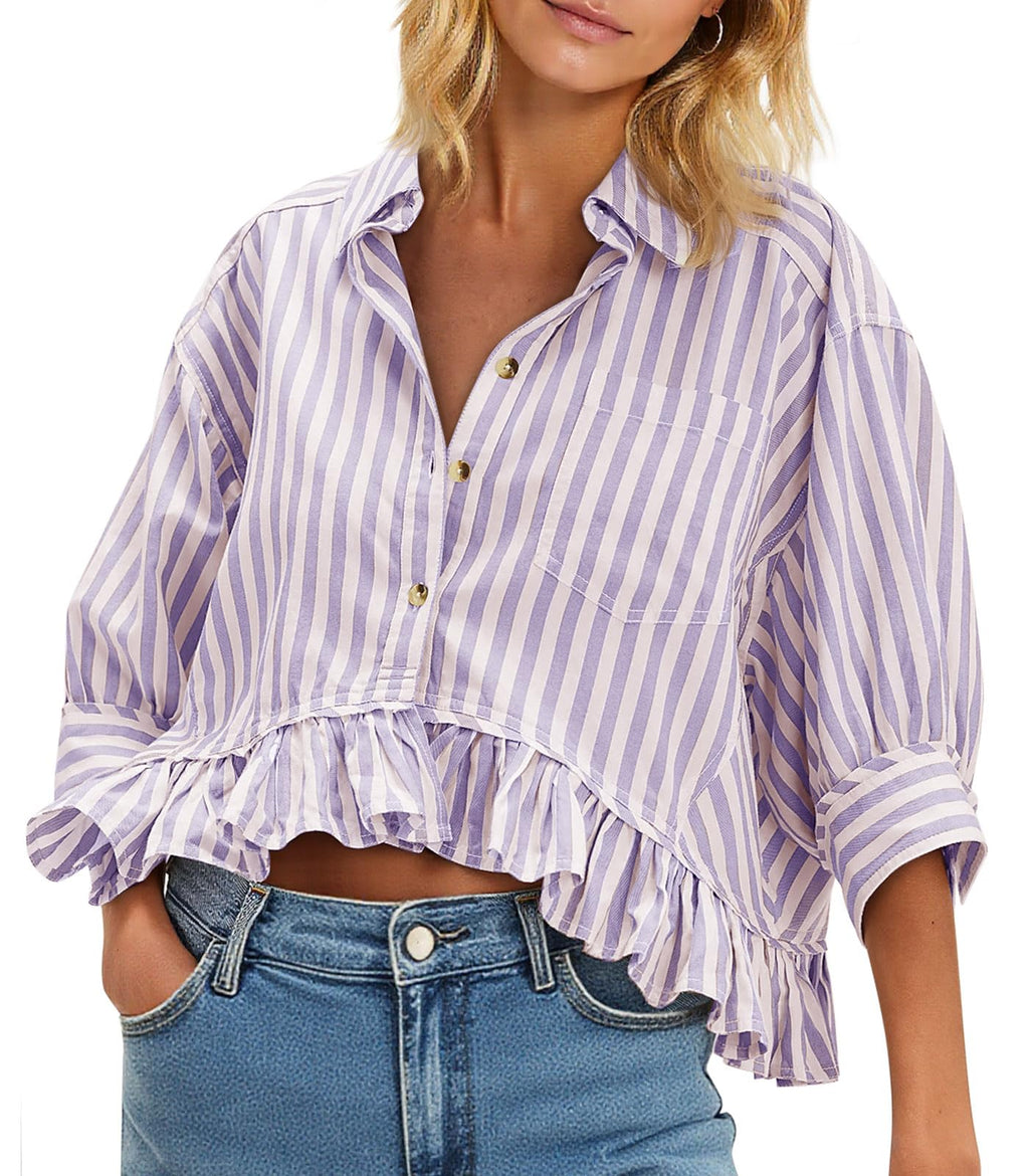 Cicy Bell Womens Cropped Striped Button Down Shirts Ruffle 3/4 Length Sleeve Summer Tops Dressy Casual Blouses
