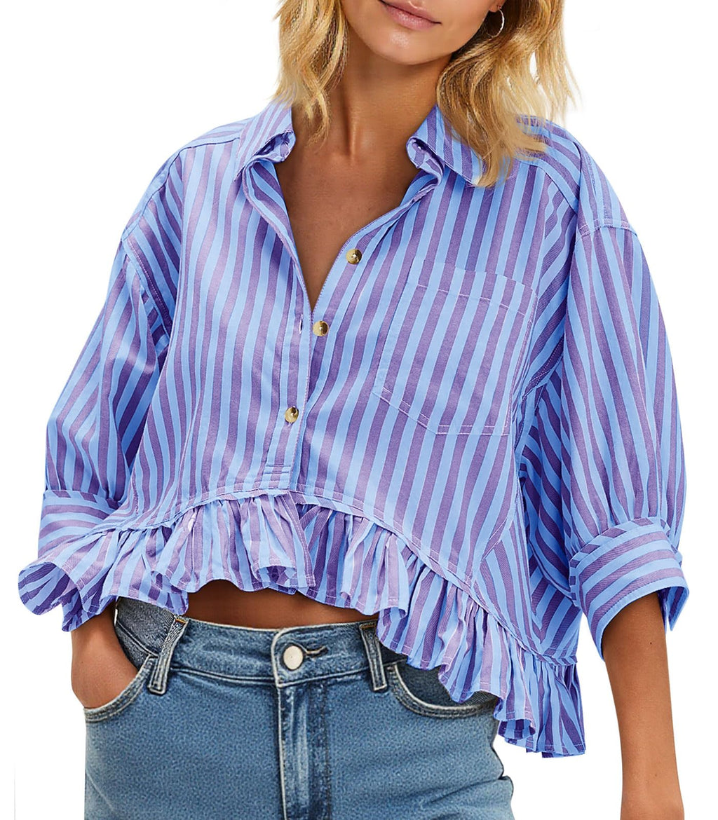 Cicy Bell Womens Cropped Striped Button Down Shirts Ruffle 3/4 Length Sleeve Summer Tops Dressy Casual Blouses