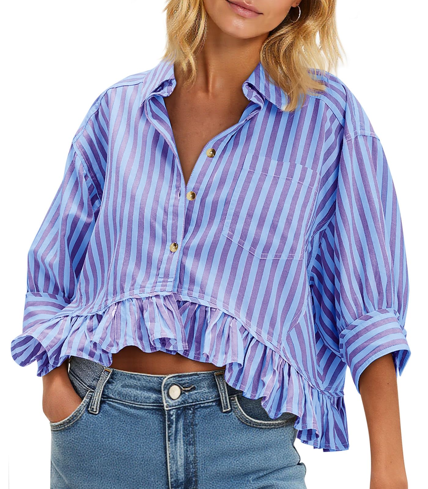 Cicy Bell Womens Cropped Striped Button Down Shirts Ruffle 3/4 Length Sleeve Summer Tops Dressy Casual Blouses