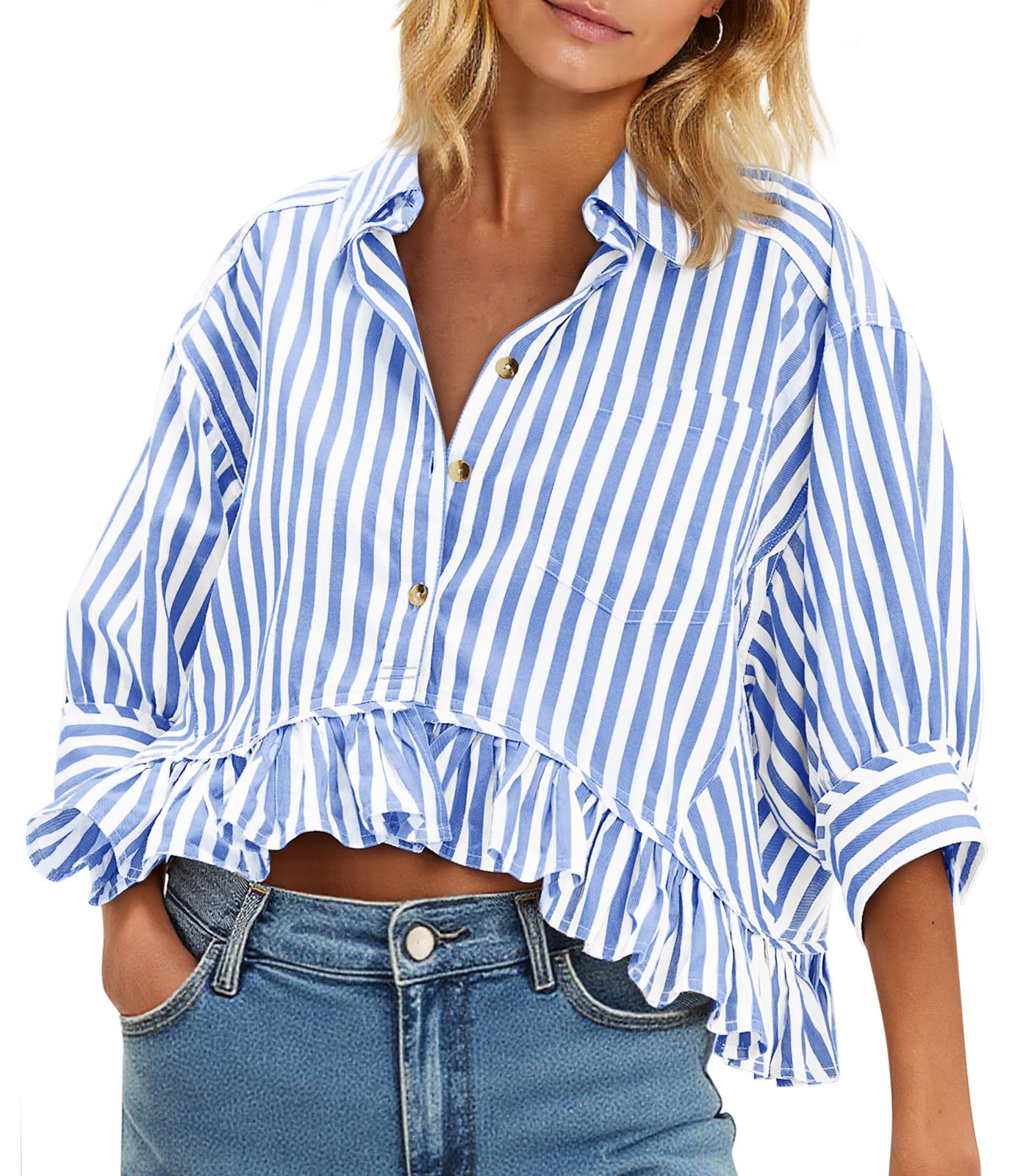 Cicy Bell Womens Cropped Striped Button Down Shirts Ruffle 3/4 Length Sleeve Summer Tops Dressy Casual Blouses