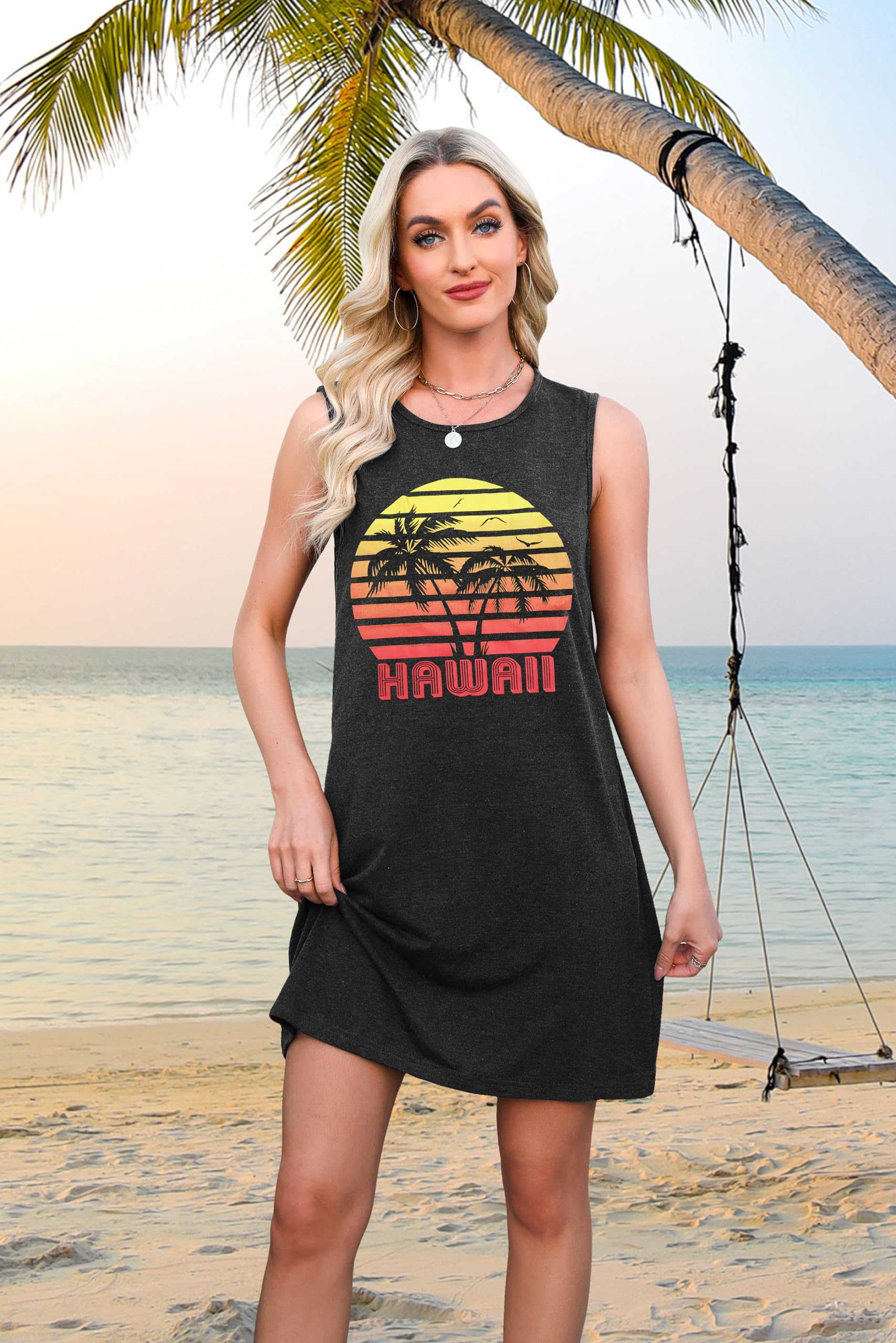 Summer Sundress for Women Beach Tank Dress Sleeveless Graphic T Dress Short Casual Sun Dresses Beach Cover Up