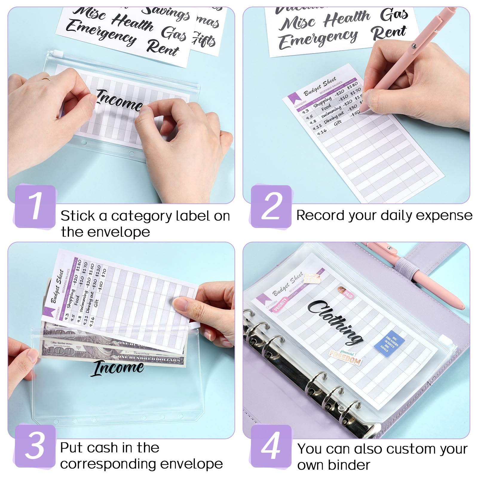 Sooez Budget Binder with Money Saving Challenge, Money Saving Binder with Cash Envelopes, Expense Sheets, Challenge Tracker & Category Labels, Envelope Savings Challenges Book for Home Office School