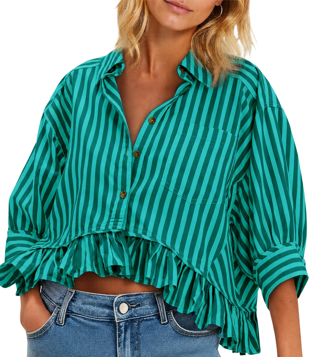 Cicy Bell Womens Cropped Striped Button Down Shirts Ruffle 3/4 Length Sleeve Summer Tops Dressy Casual Blouses
