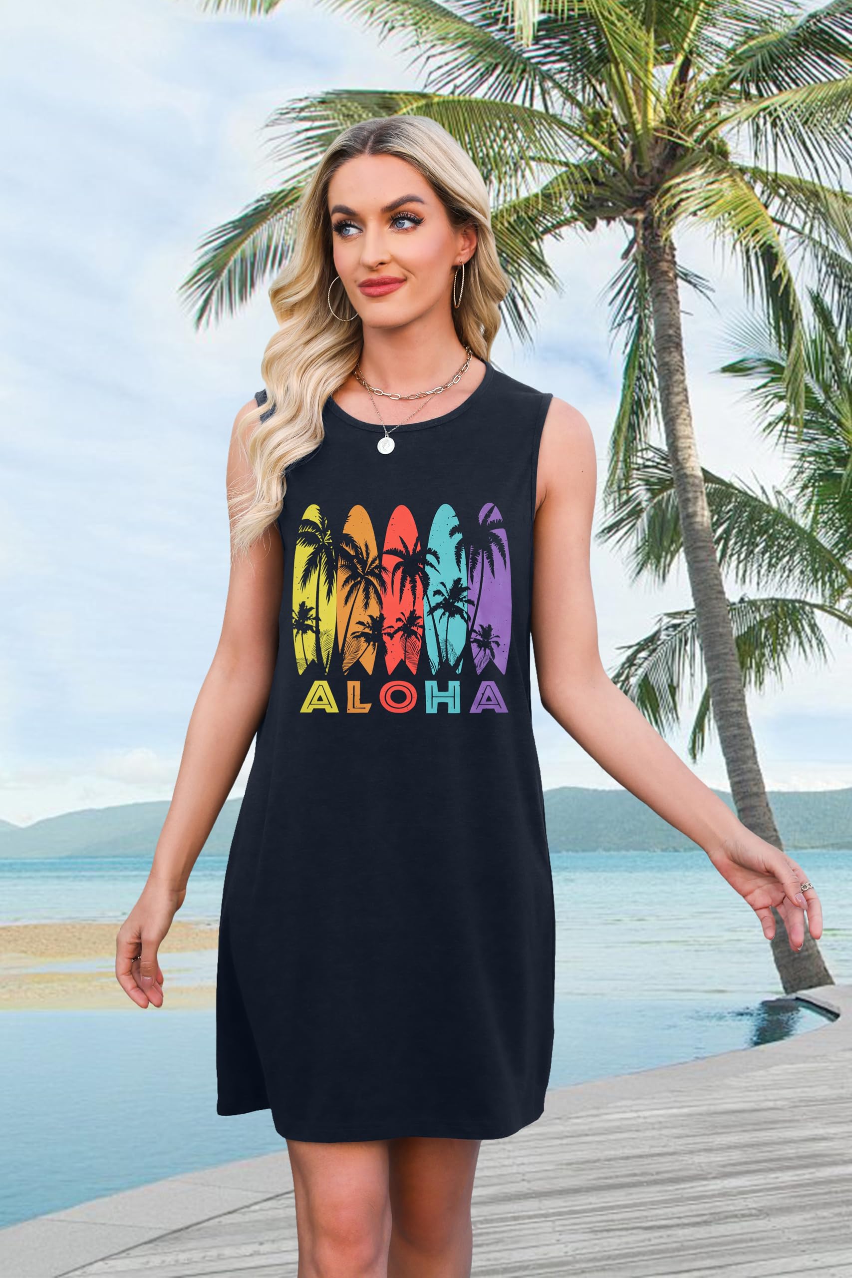 Summer Sundress for Women Beach Tank Dress Sleeveless Graphic T Dress Short Casual Sun Dresses Beach Cover Up