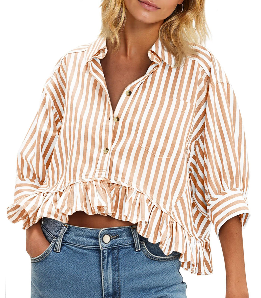 Cicy Bell Womens Cropped Striped Button Down Shirts Ruffle 3/4 Length Sleeve Summer Tops Dressy Casual Blouses
