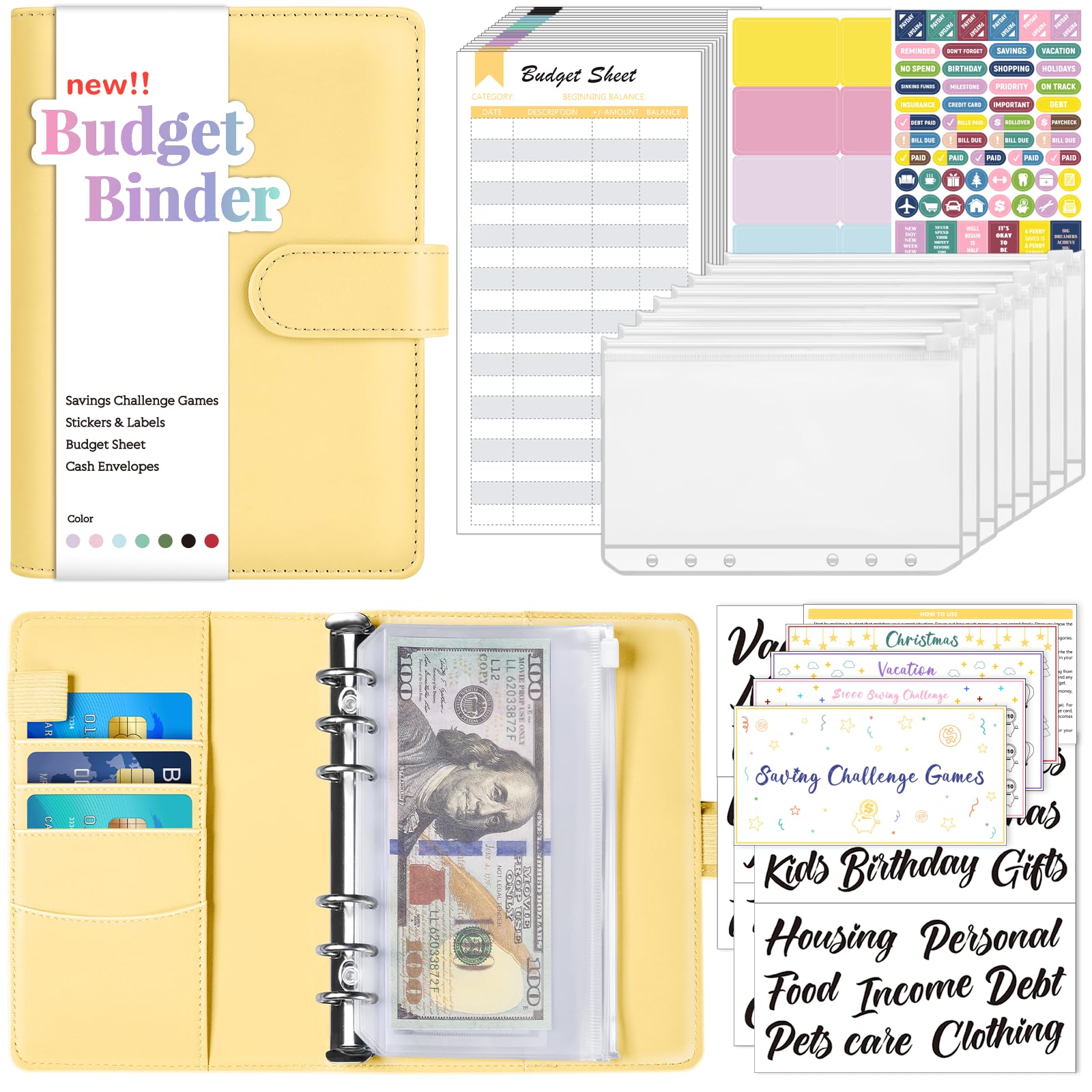 Sooez Budget Binder with Money Saving Challenge, Money Saving Binder with Cash Envelopes, Expense Sheets, Challenge Tracker & Category Labels, Envelope Savings Challenges Book for Home Office School