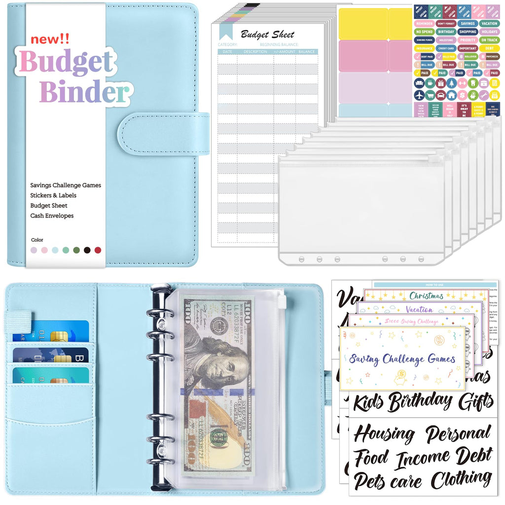 Sooez Budget Binder with Money Saving Challenge, Money Saving Binder with Cash Envelopes, Expense Sheets, Challenge Tracker & Category Labels, Envelope Savings Challenges Book for Home Office School